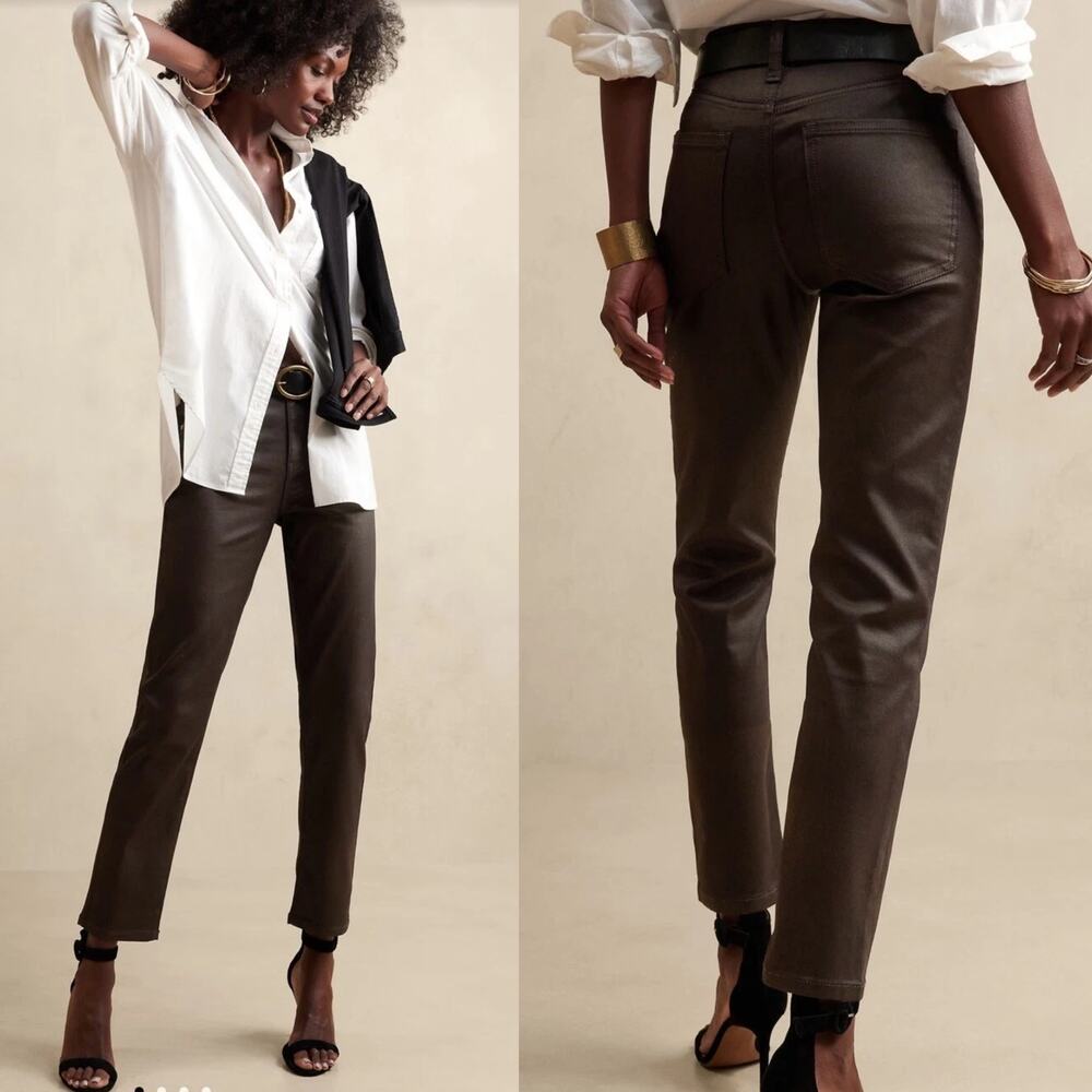 Banana Republic Womens High Rise Slim‎ Pants Size 31/12 Coated Barn Red Moto